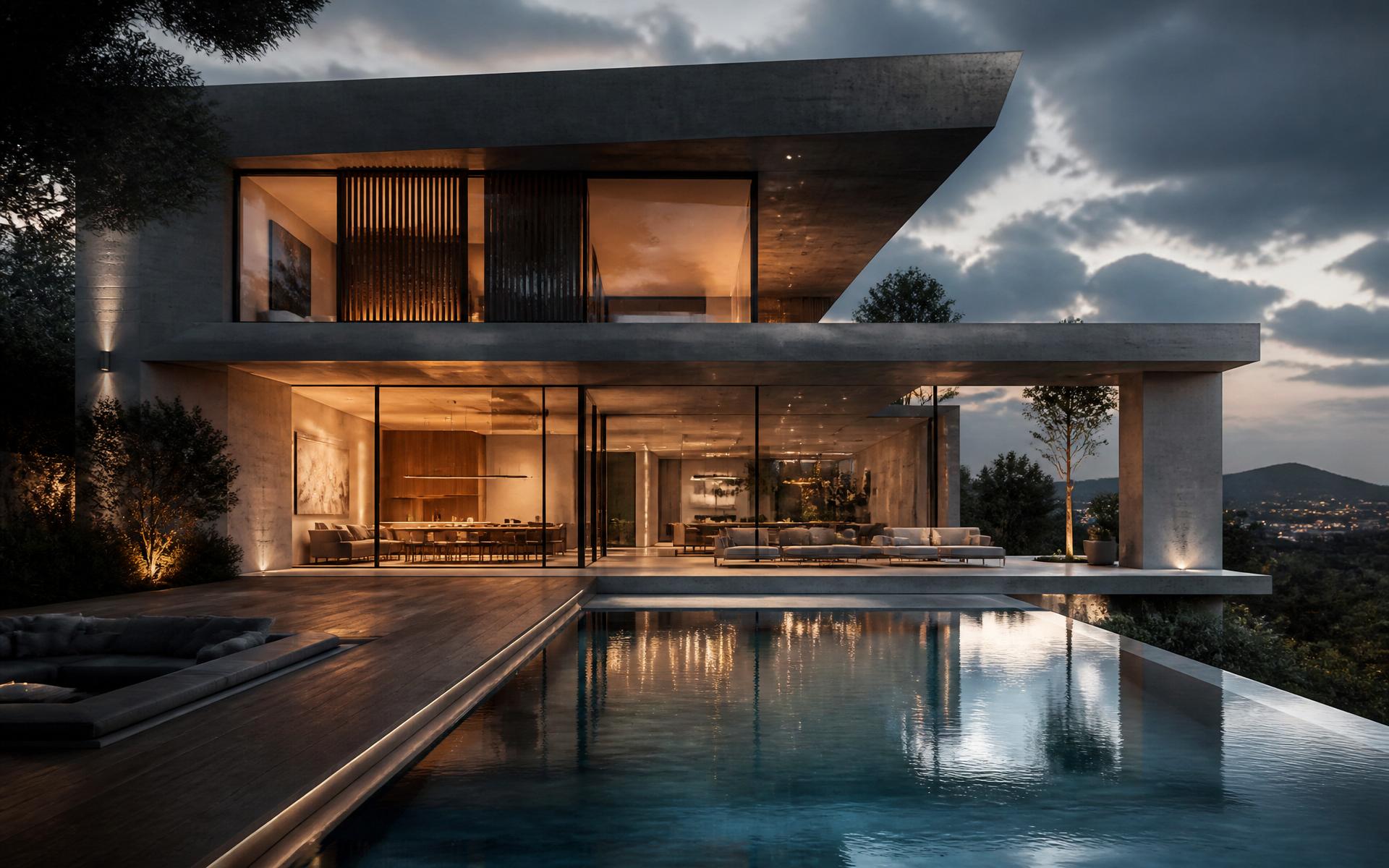 Photorealistic architectural visualization of a modern luxury villa at dusk